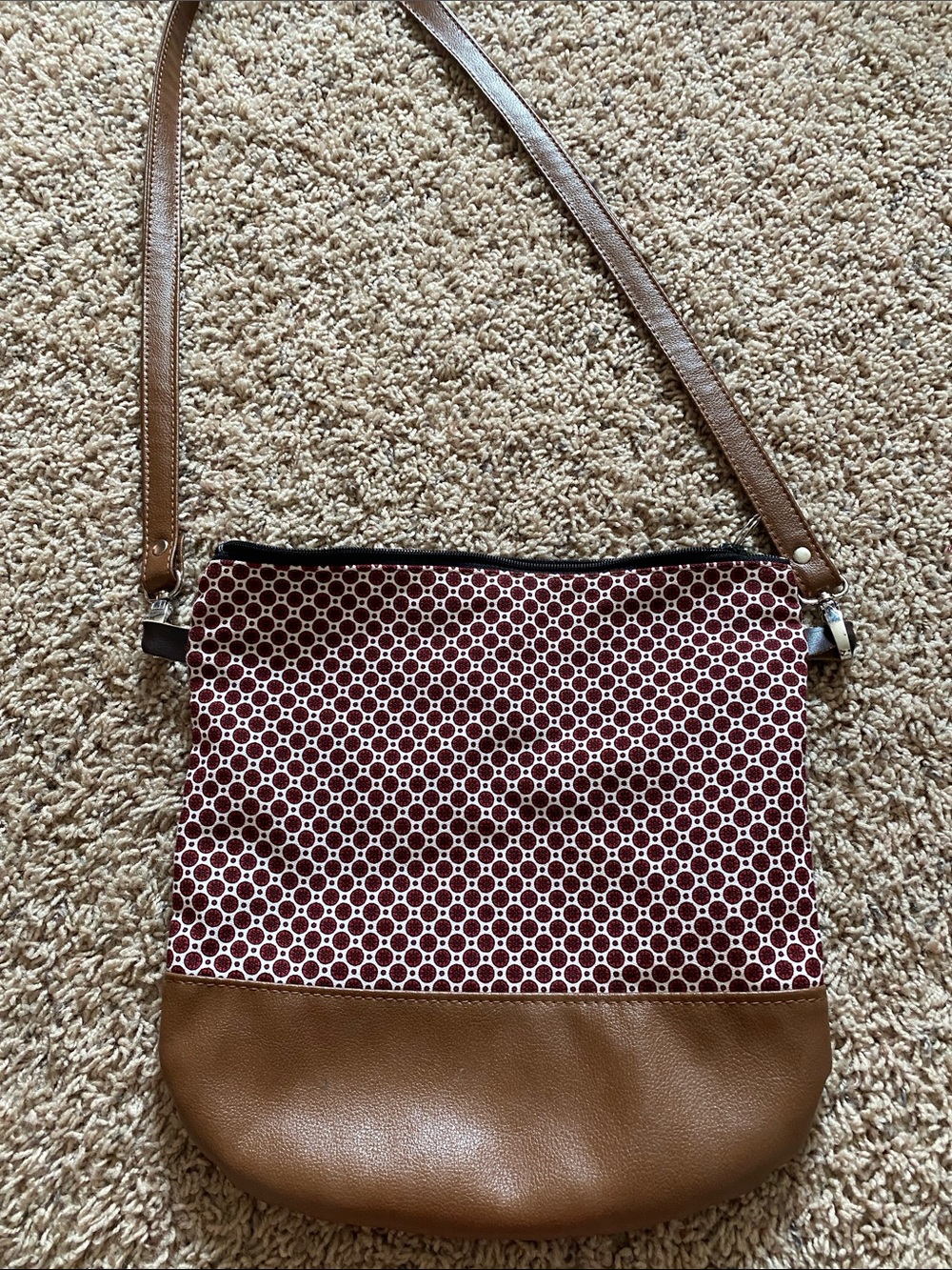 Burgundy Patterned Crossbody Bag with Tan Trim